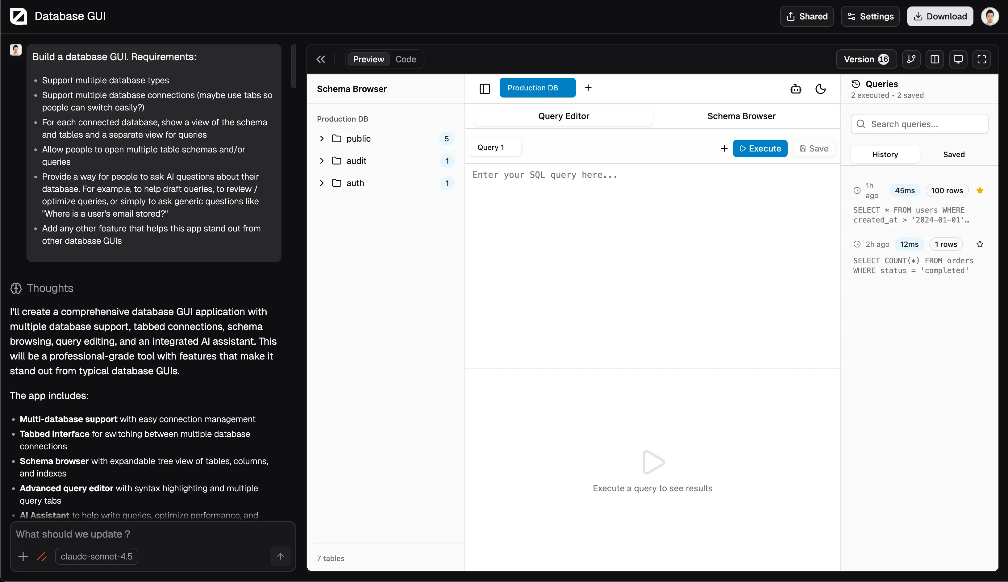 A screenshot of the first functional Seaquel database GUI